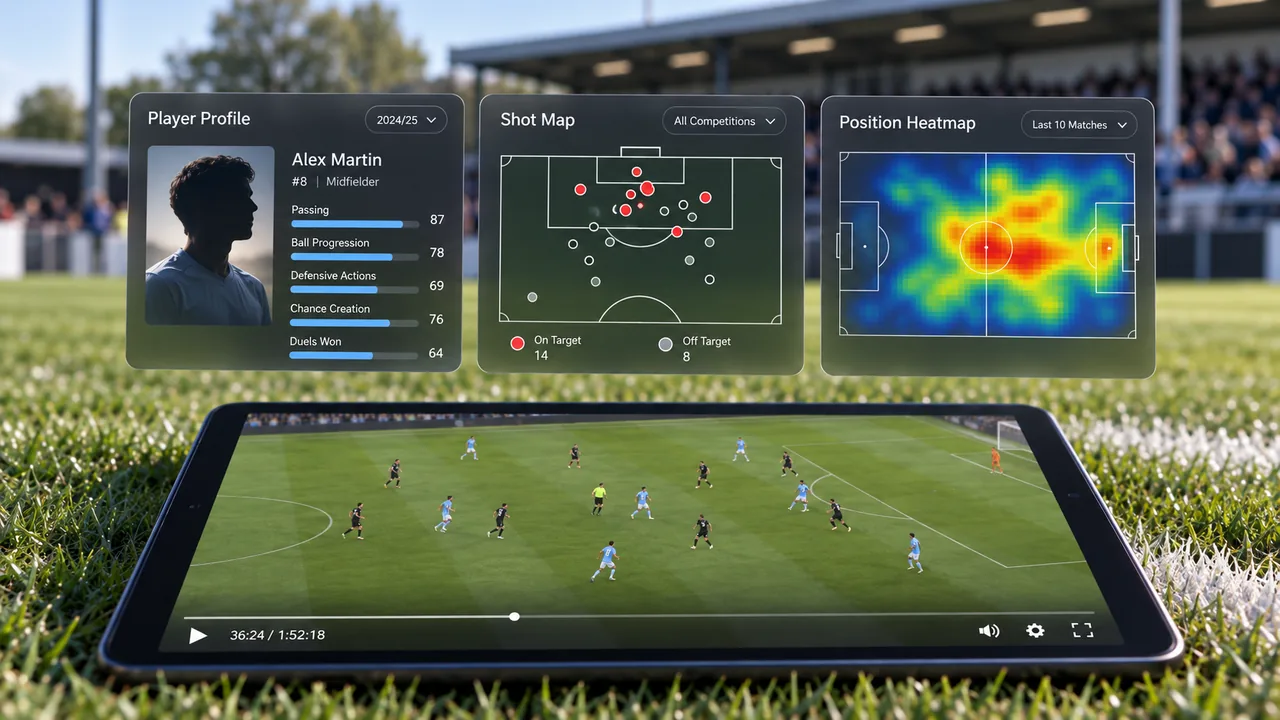 Football data analyst reviewing player performance data