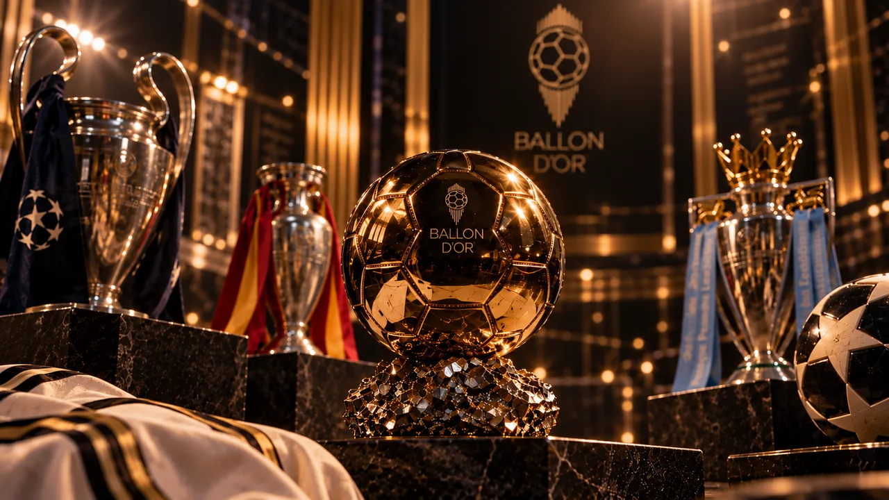 The Ballon d’Or trophy displayed alongside Champions League, European Championship and Premier League trophies in a black-and-gold awards setting